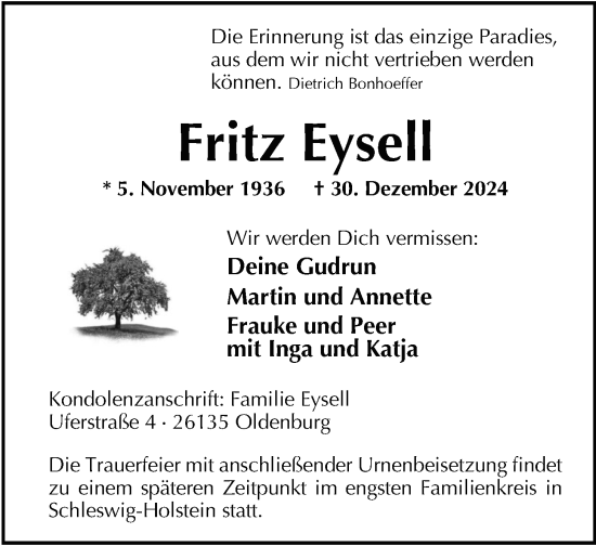 Traueranzeige von Fritz Eysell von Nordwest-Zeitung