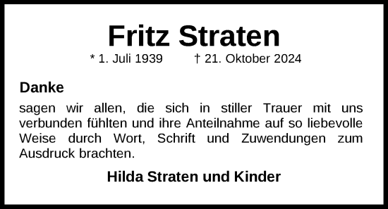 Traueranzeige von Fritz Straten von Nordwest-Zeitung