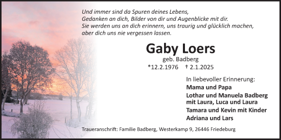 Traueranzeige von Gaby Loers von WZ/JW/AH