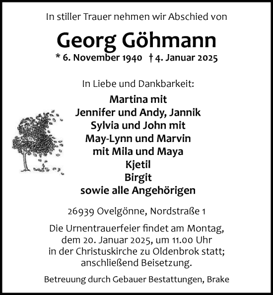 Traueranzeige von Georg Göhmann von Nordwest-Zeitung