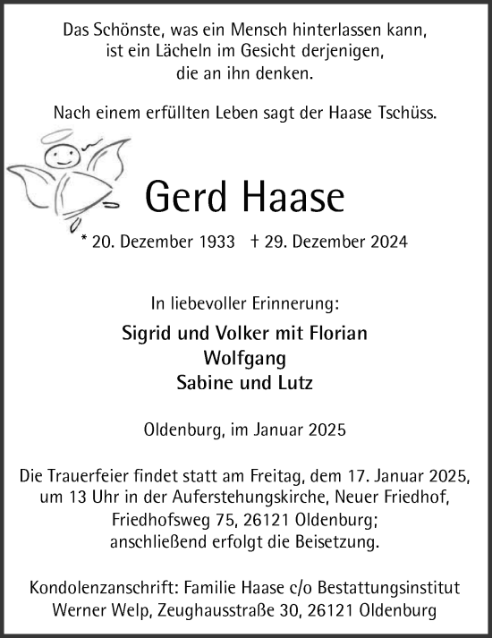 Traueranzeige von Gerd Haase von Nordwest-Zeitung