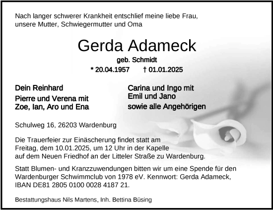 Traueranzeige von Gerda Adameck von Nordwest-Zeitung