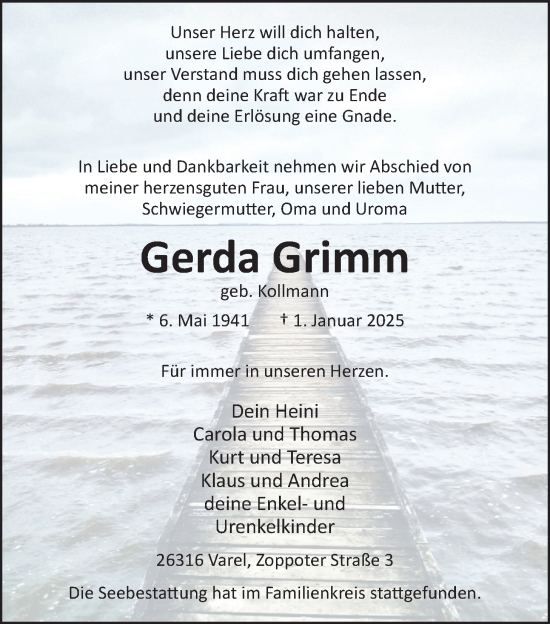 Traueranzeige von Gerda Grimm von Nordwest-Zeitung