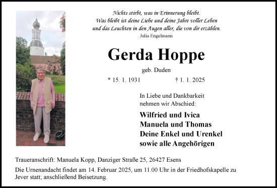 Traueranzeige von Gerda Hoppe von WZ/JW/AH