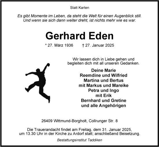 Traueranzeige von Gerhard Eden von WZ/JW/AH