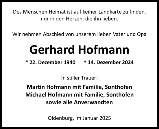 Traueranzeige von Gerhard Hofmann von Nordwest-Zeitung