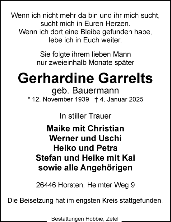 Traueranzeige von Gerhardine Garrelts von WZ/JW/AH