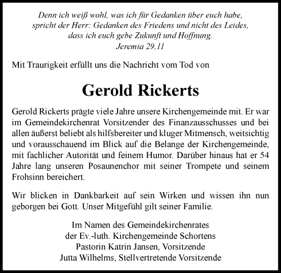 Traueranzeige von Gerold Rickerts von Nordwest-Zeitung