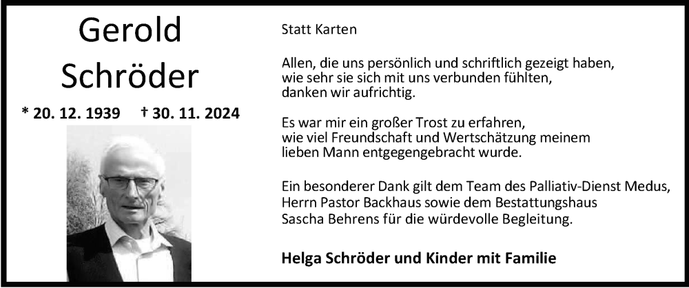  Traueranzeige für Gerold Schröder vom 18.01.2025 aus Nordwest-Zeitung