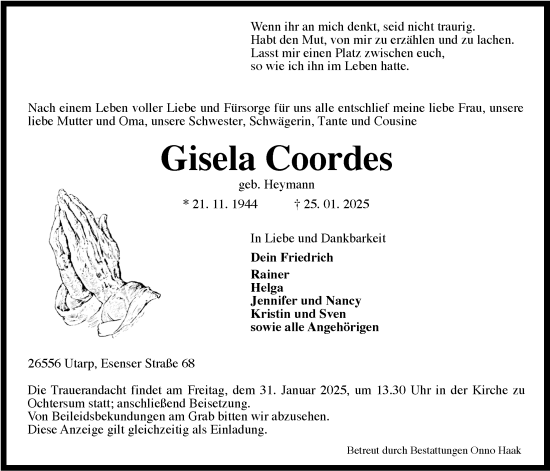 Traueranzeige von Gisela Coordes von WZ/JW/AH