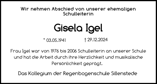 Traueranzeige von Gisela Igel von WZ/JW/AH