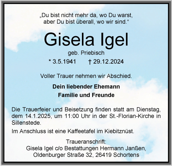 Traueranzeige von Gisela Igel von WZ/JW/AH