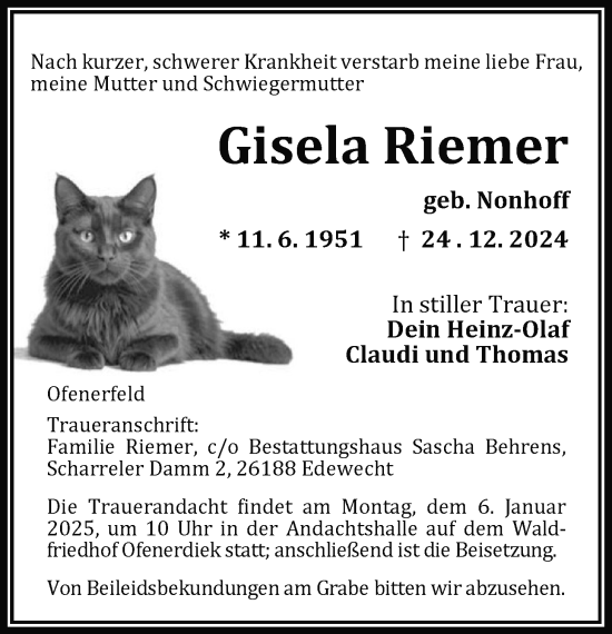 Traueranzeige von Gisela Riemer von Nordwest-Zeitung