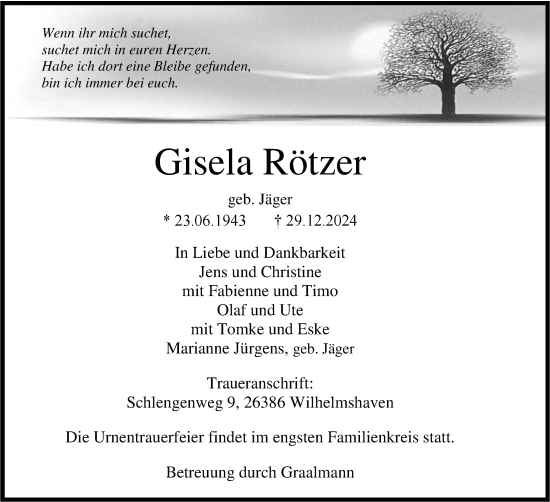 Traueranzeige von Gizela Rötzer von WZ/JW/AH