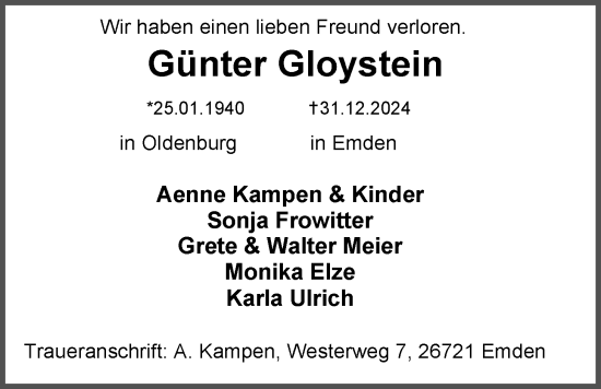 Traueranzeige von Günter Gloystein von Emder Zeitung