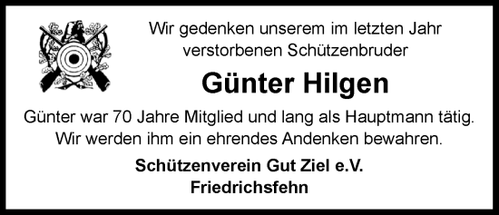 Traueranzeige von Günter Hilgen von Nordwest-Zeitung