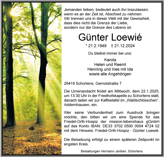 Traueranzeige von Günter Loewié von WZ/JW/AH