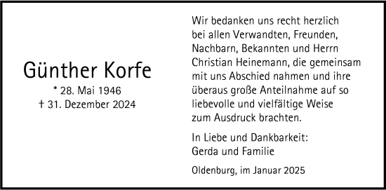 Traueranzeige von Günther Korfe von Nordwest-Zeitung