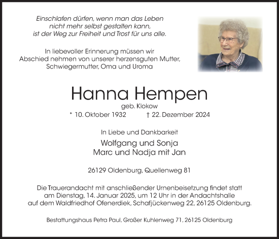 Traueranzeige von Hanna Hempen von Nordwest-Zeitung