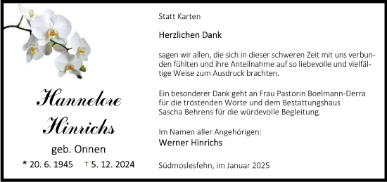 Traueranzeige von Hannelore Hinrichs von Nordwest-Zeitung