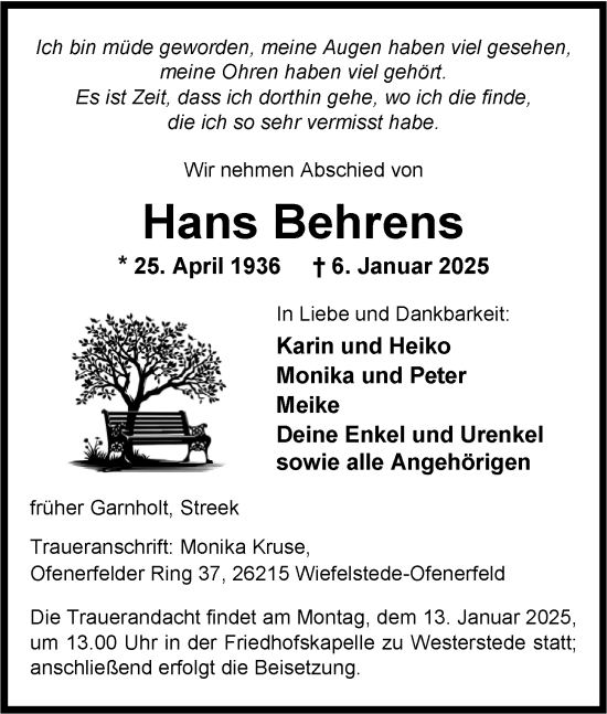 Traueranzeige von Hans Behrens von Nordwest-Zeitung