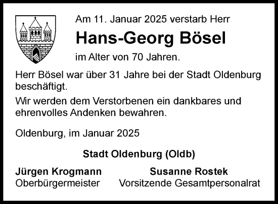 Traueranzeige von Hans-Georg Bösel von Nordwest-Zeitung