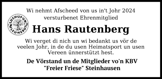 Traueranzeige von Hans Rautenberg von Nordwest-Zeitung