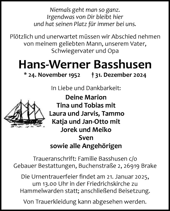 Traueranzeige von Hans-Werner Basshusen von Nordwest-Zeitung