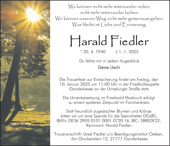 Traueranzeige von Harald Fiedler von Nordwest-Zeitung