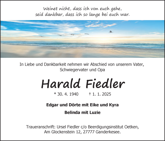 Traueranzeige von Harald Fiedler von Nordwest-Zeitung