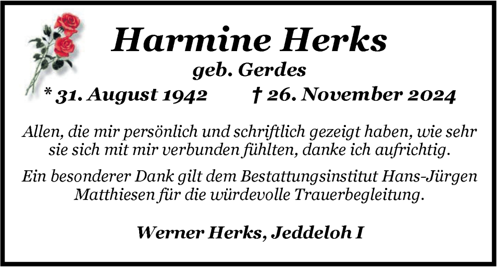  Traueranzeige für Harmine Herks vom 18.01.2025 aus Nordwest-Zeitung