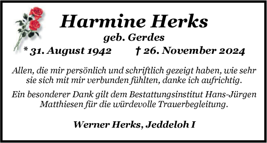 Traueranzeige von Harmine Herks von Nordwest-Zeitung