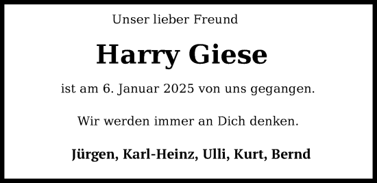 Traueranzeige von Harry Giese von WZ/JW/AH