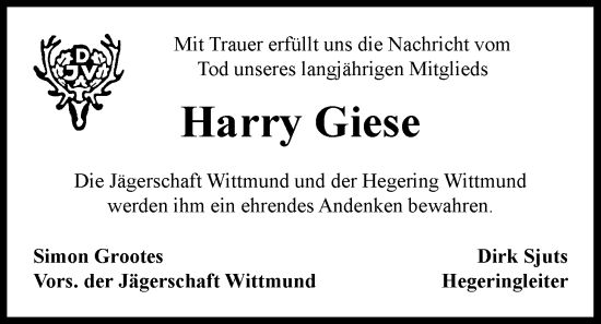 Traueranzeige von Harry Giese von WZ/JW/AH