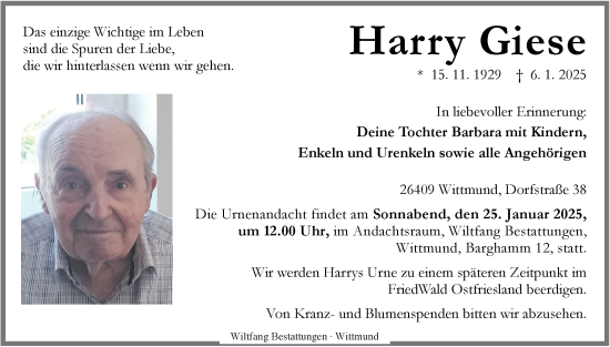 Traueranzeige von Harry Giese von WZ/JW/AH