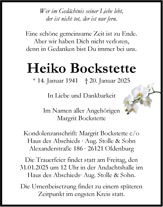 Traueranzeige von Heiko Bockstette von Nordwest-Zeitung