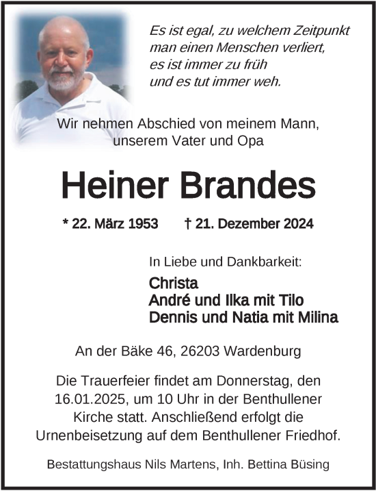 Traueranzeige von Heiner Brandes von Nordwest-Zeitung