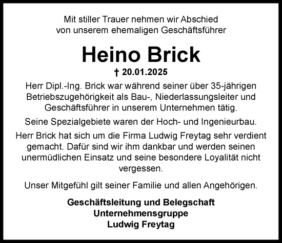 Traueranzeige von Heino Brick von Nordwest-Zeitung