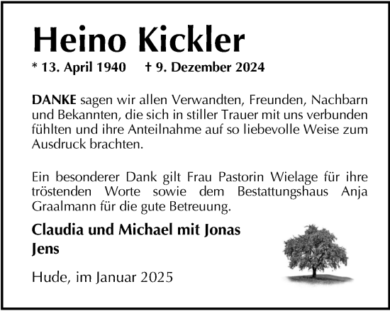 Traueranzeige von Heino Kickler von Nordwest-Zeitung