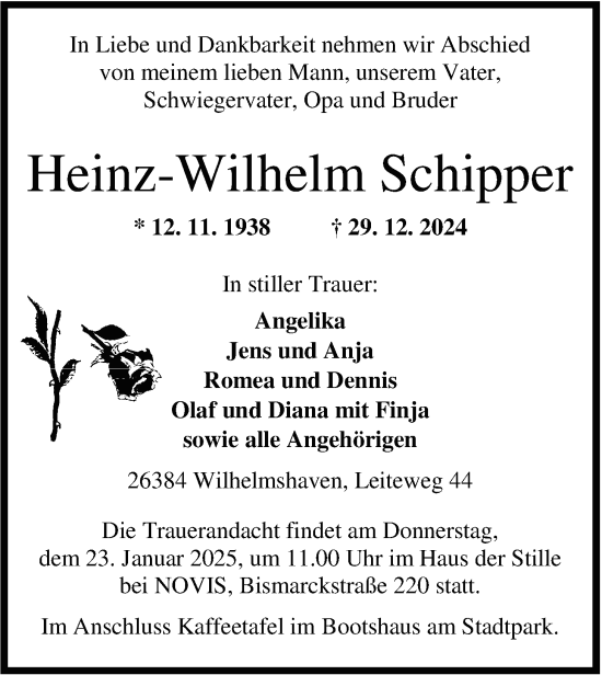 Traueranzeige von Heinz-Wilhelm Schipper von WZ/JW/AH