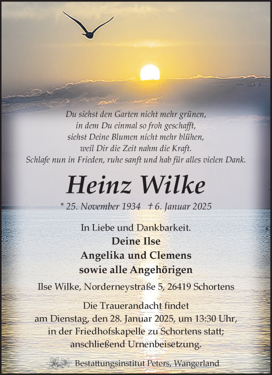 Traueranzeige von Heinz Wilke von WZ/JW/AH