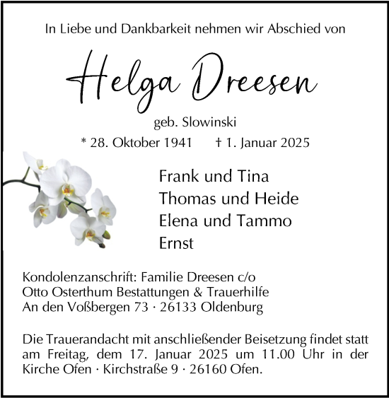 Traueranzeige von Helga Dreesen von Nordwest-Zeitung