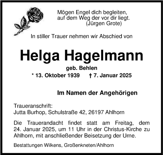 Traueranzeige von Helga Hagelmann von Nordwest-Zeitung