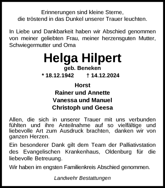 Traueranzeige von Helga Hilpert von Nordwest-Zeitung