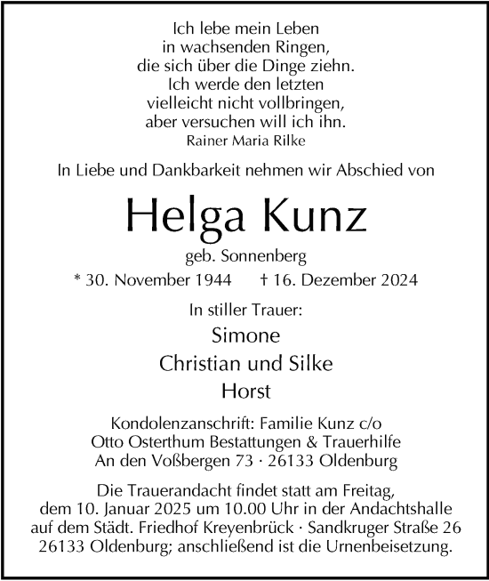 Traueranzeige von Helga Kunz von Nordwest-Zeitung