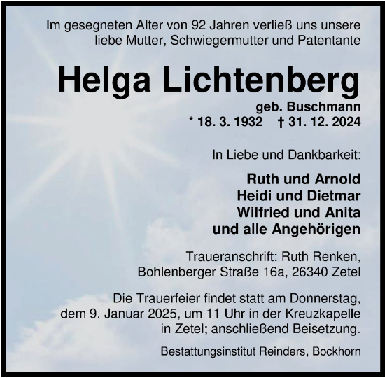 Traueranzeige von Helga Lichtenberg von Nordwest-Zeitung