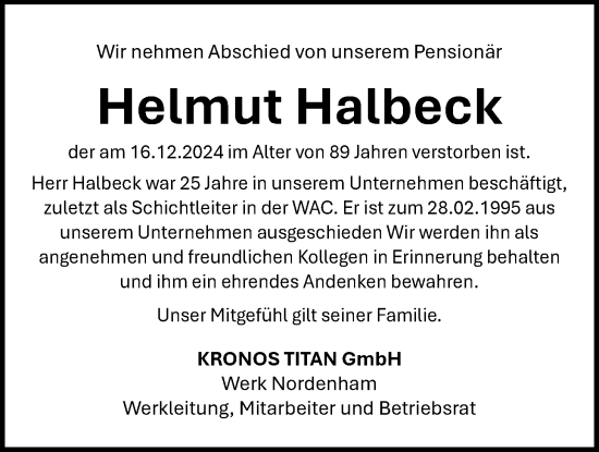 Traueranzeige von Helmut Halbeck von Nordwest-Zeitung