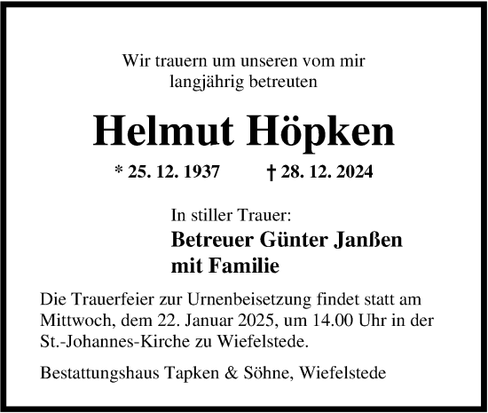 Traueranzeige von Helmut Höpken von Nordwest-Zeitung