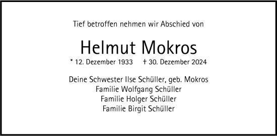 Traueranzeige von Helmut Mokros von Nordwest-Zeitung