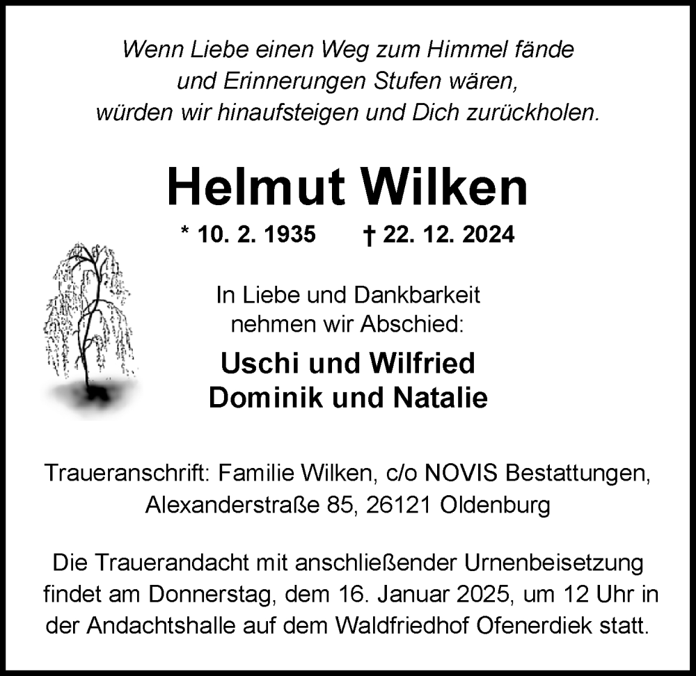  Traueranzeige für Helmut Wilken vom 04.01.2025 aus Nordwest-Zeitung